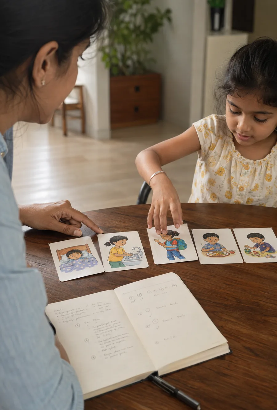 A parent and child playing with LernZeit flashcards together at the table