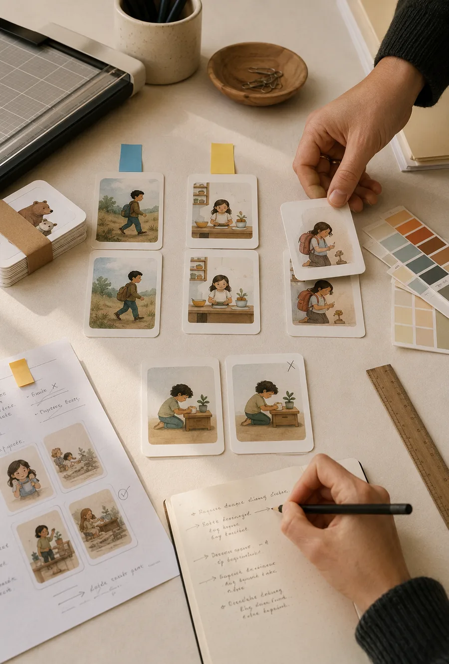 Testing card layouts, paper tones and print swatches before production